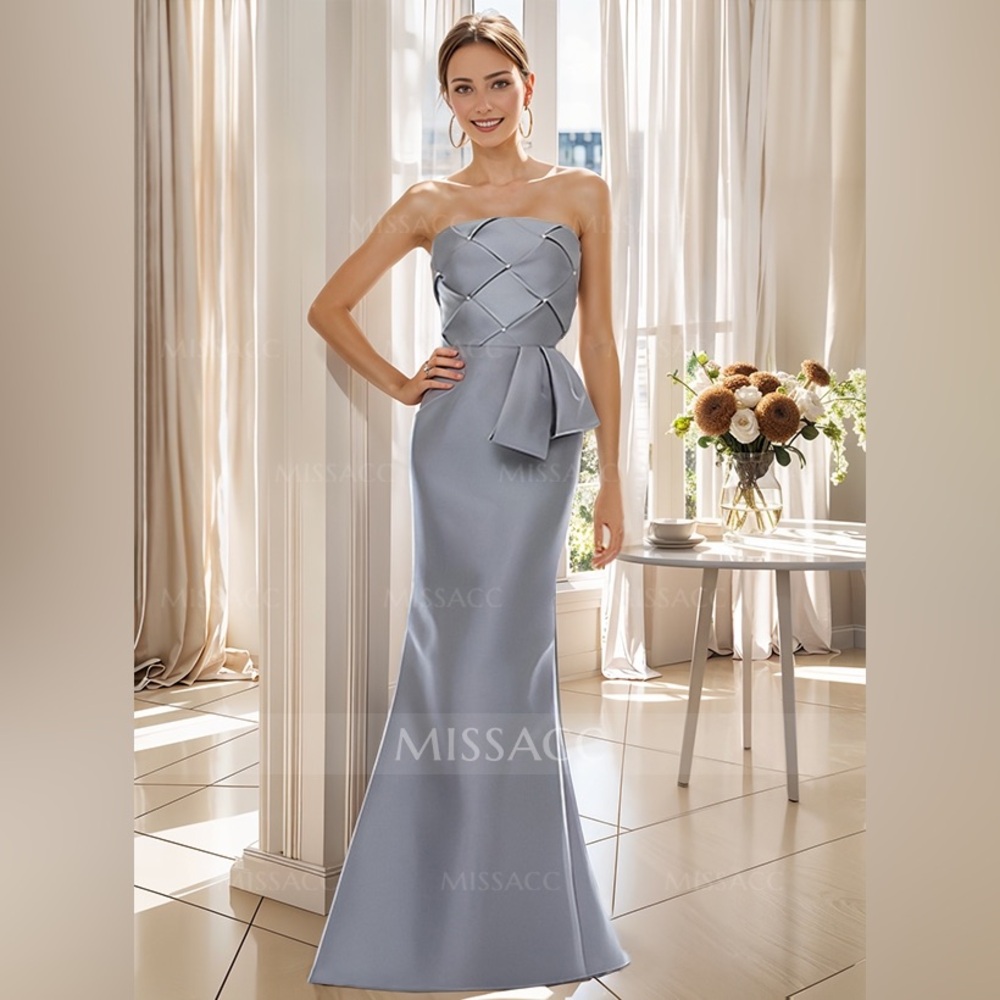 Strapless Light Gray Evening Gown with Waist Bow